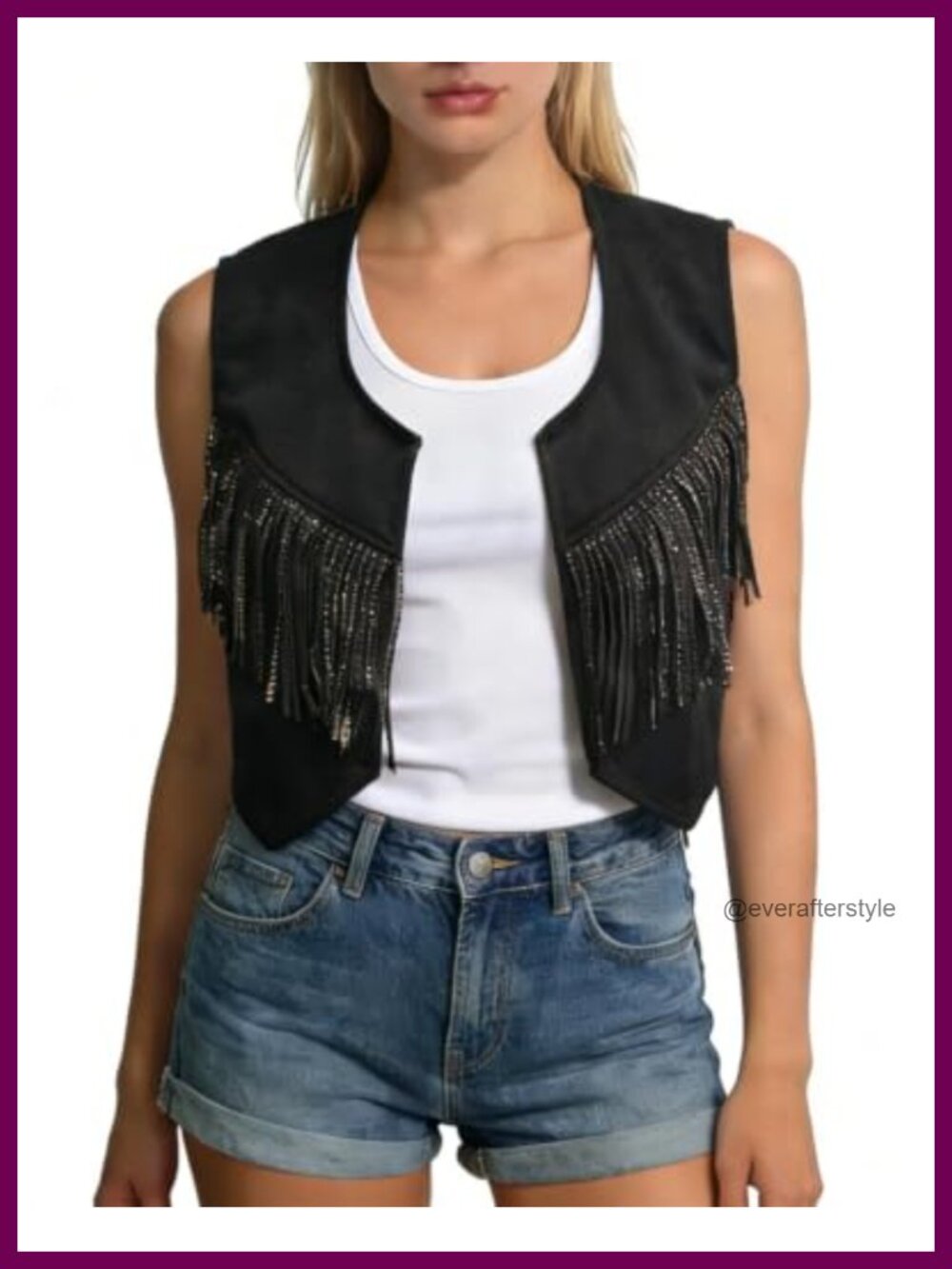 Faux Suede Fringe Vest Cropped Rhinestone Sleeveless Boho Western
